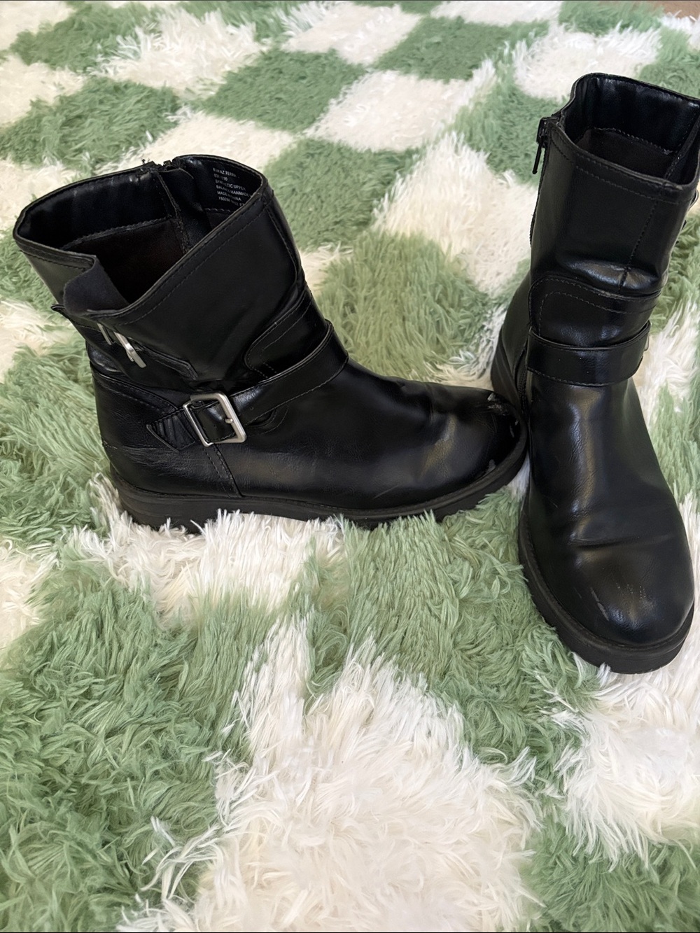 Black Leather above ankle Mid-Calf Buckle Boots - Women biker boots
